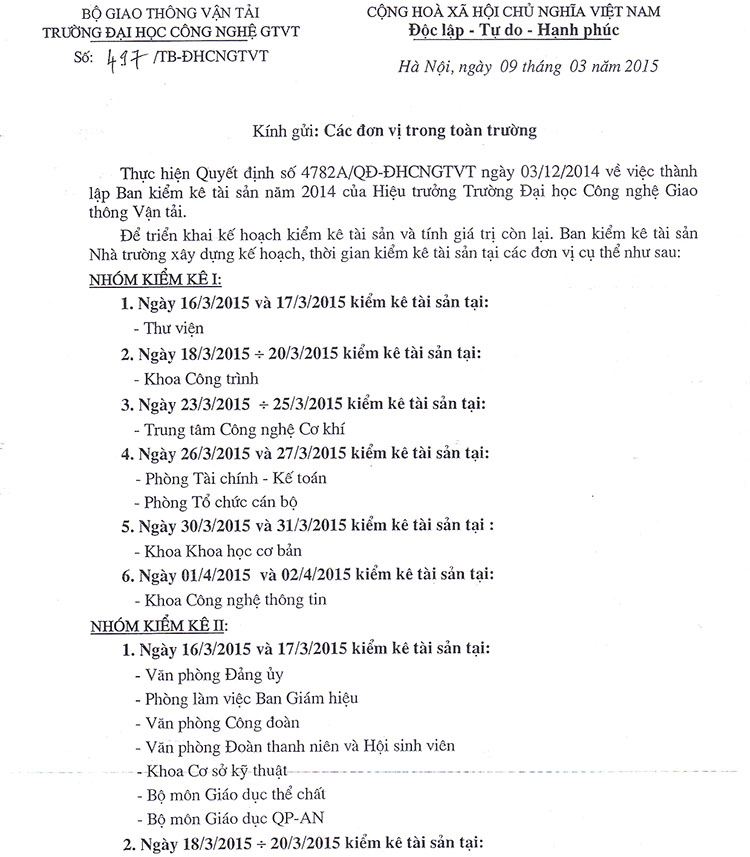 Thông báo về việc kiểm kê tài sản các đơn vị năm 2015