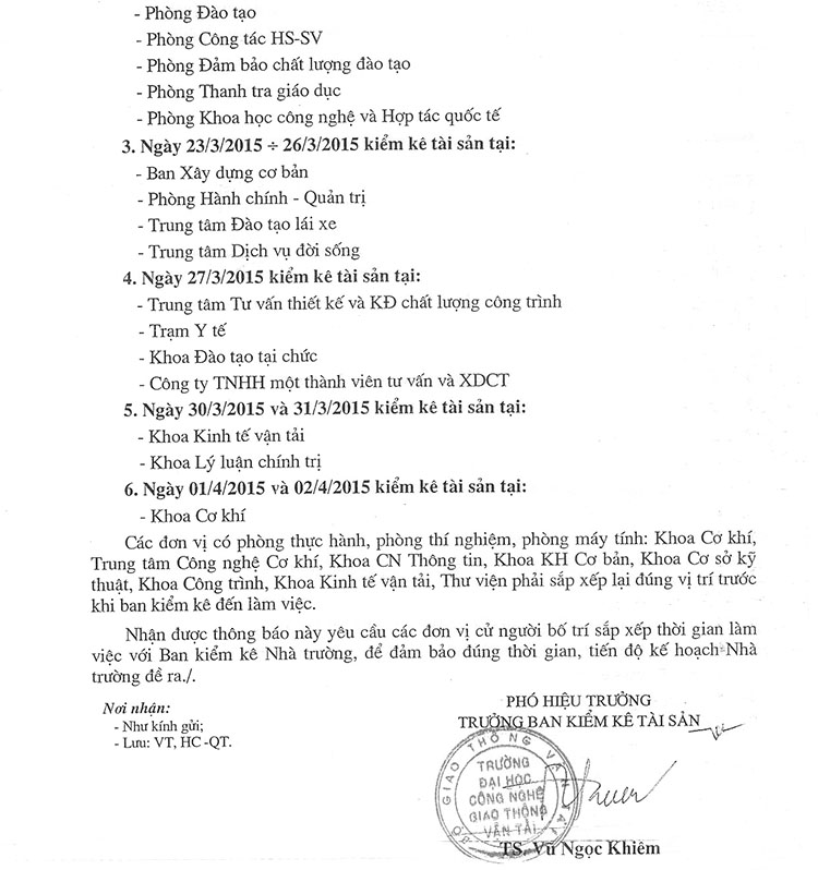 Thông báo về việc kiểm kê tài sản các đơn vị năm 2015