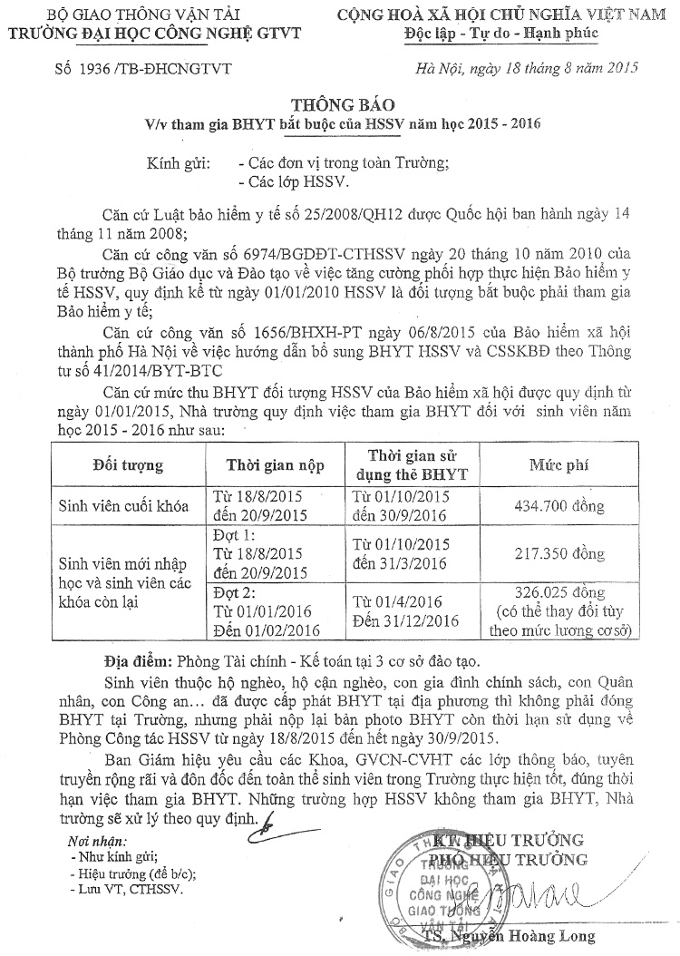 Thông báo tham gia BHYT