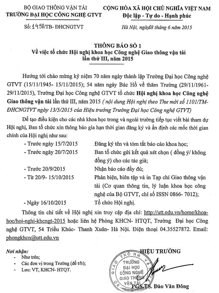 Kế hoạch tổ chức Hội nghị khoa học Công nghệ Giao thông lần thứ III năm 2015