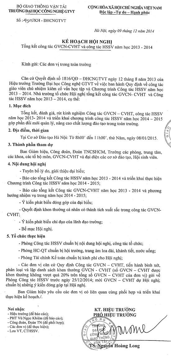 Kế hoạch hội nghị tổng kết công tác GVCN-CVHT và công tác HSSV năm học 2013-2014