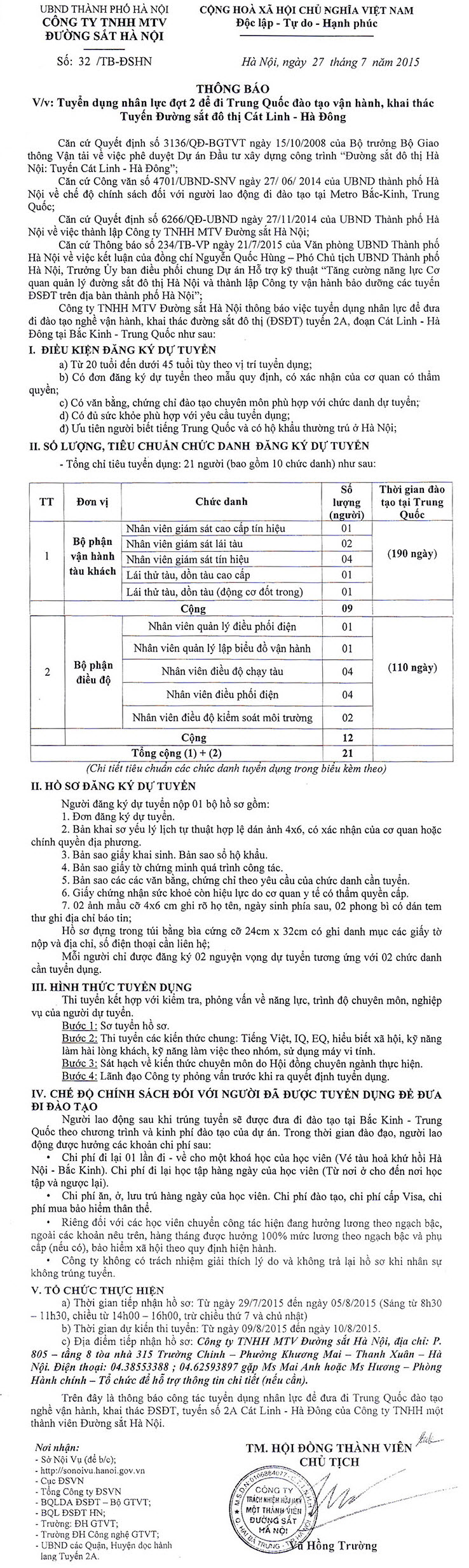 Thông báo Tuyển dụng nhân lực đợt 2 để đi Trung Quốc đào tạo vận hành, khai thác Tuyến Đường sắt đô thị Cát Linh - Hà Đông