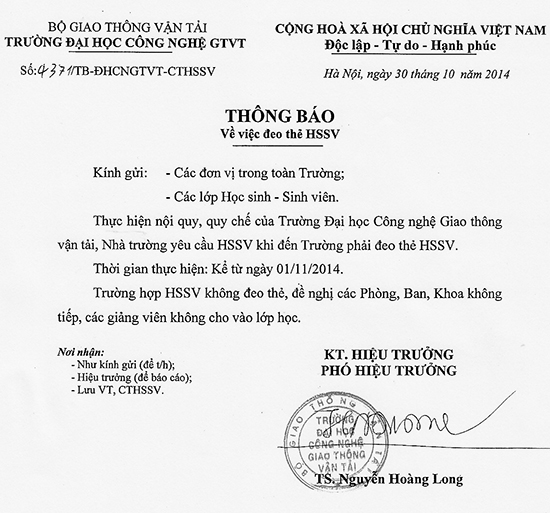 Thông báo về việc đeo thẻ HSSV khi đến trường