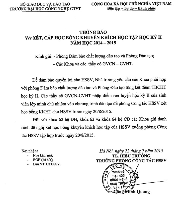 Thông báo Xét, cấp học bổng khuyến khích học tập học kỳ II năm học 2014 - 2015