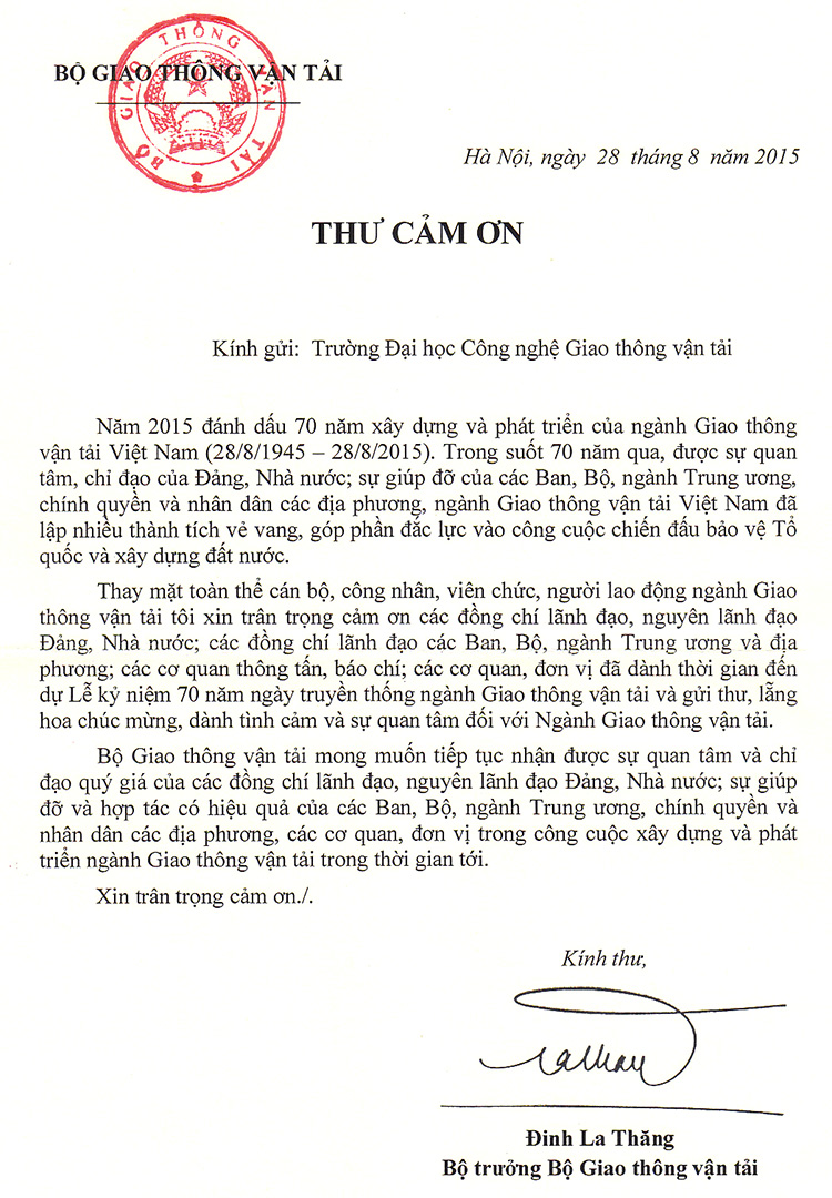 Thư cảm ơn, Bộ GTVT