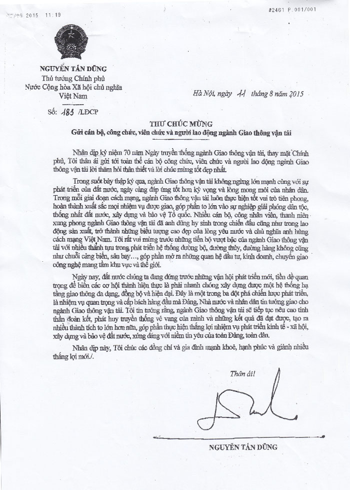 Thư chúc mừng cán bộ, công chức, viên chức và người lao động ngành GTVT