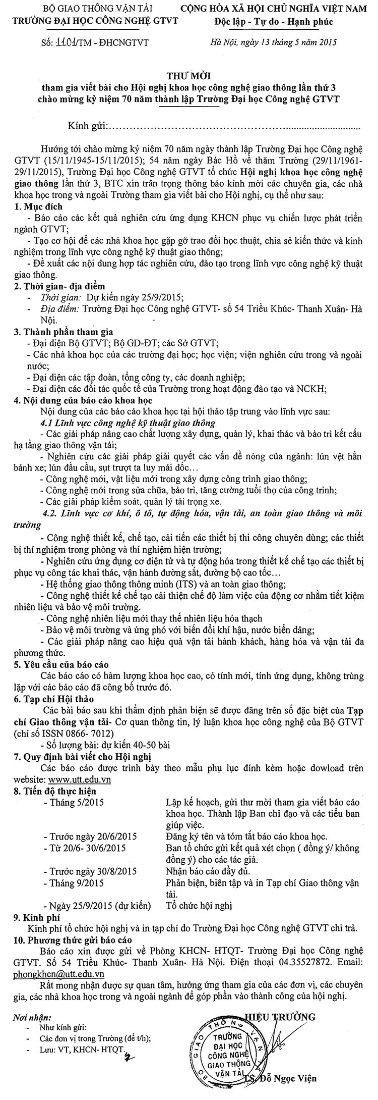 Thư mời Tham gia viết bài cho Hội nghị Khoa học công nghệ giao thông năm 2015