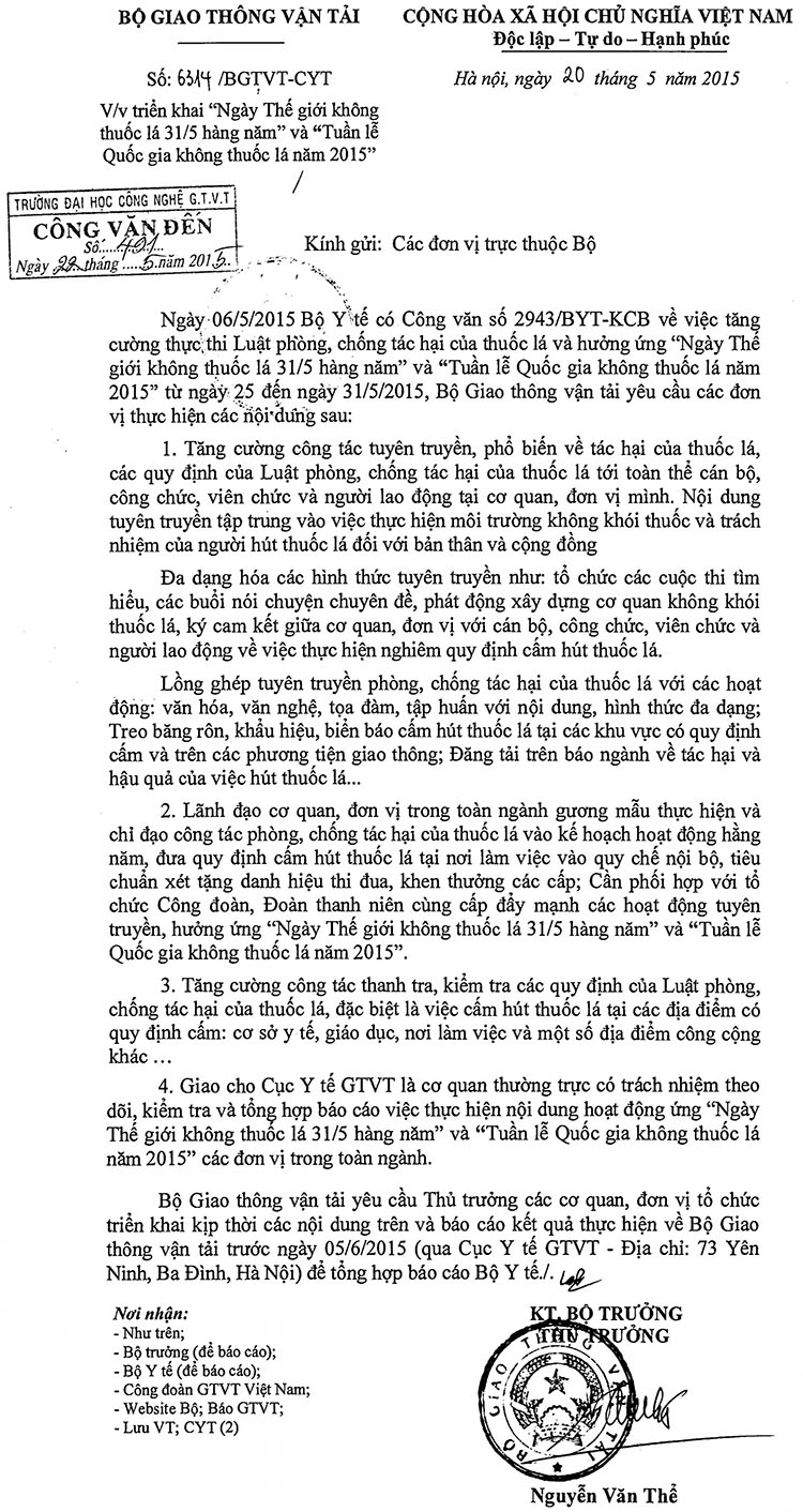 Triển khai Ngày Thế giới không thuốc lá 31/5 hàng năm và Tuần lễ Quốc gia không thuốc lá năm 2015