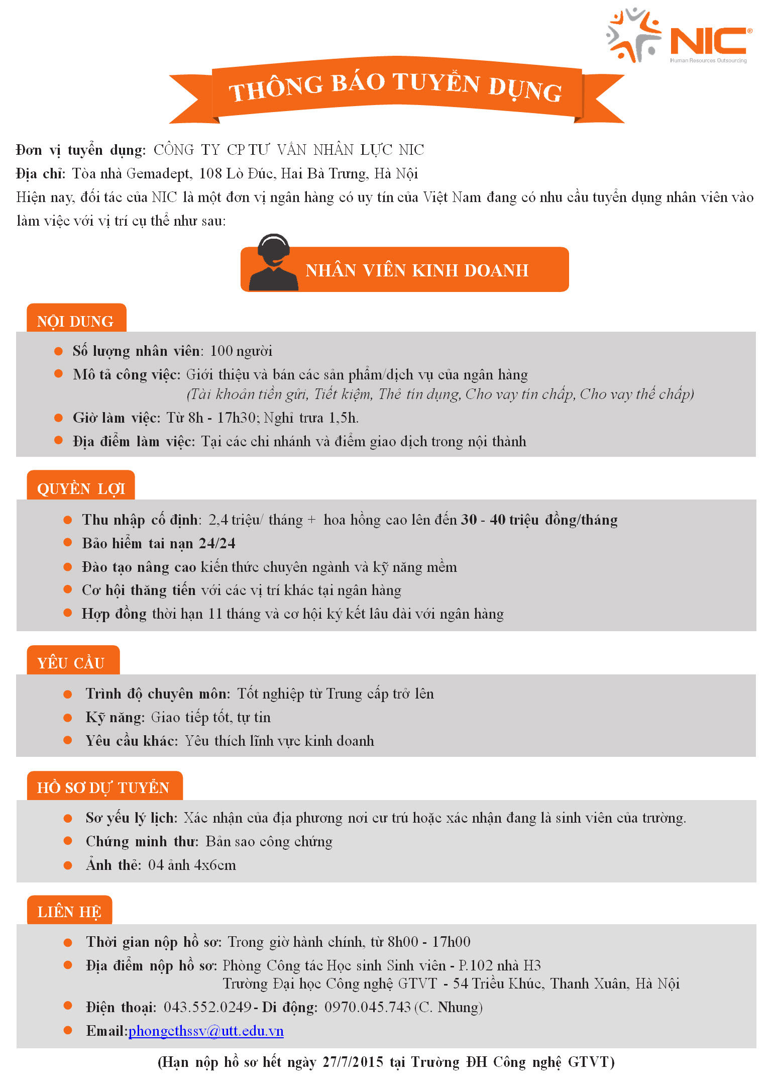 Tuyển dụng Nhân viên kinh doanh Công ty CP tư vấn nhân lực NIC