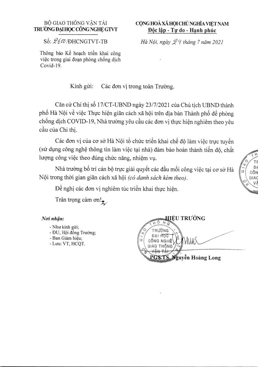 Thông báo Kế hoạch triển khai công việc trong giai đoạn phòng chống dịch Covid-19