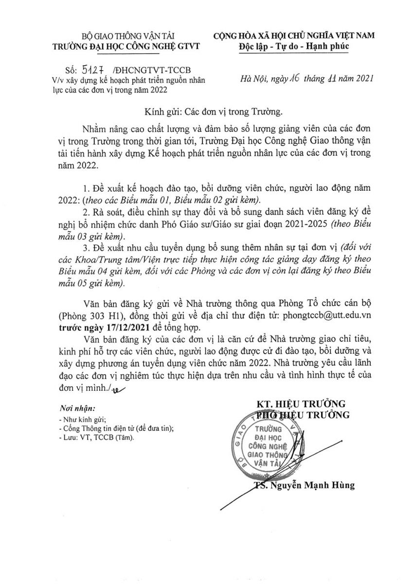 Thông báo về việc xây dựng Kế hoạch phát triển nguồn nhân lực của các đơn vị trong năm 2022
