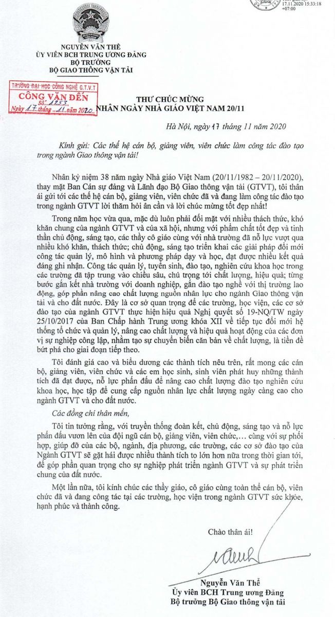 Thư chúc mừng ngày Nhà giáo Việt nam 20/11