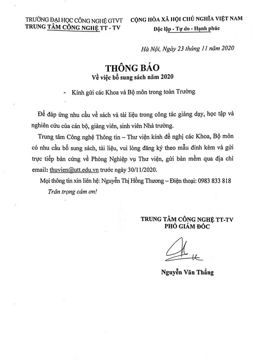 Thông báo bổ sung sách năm 2020