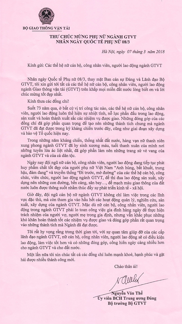 Thư chúc mừng phụ nữ ngành GTVT nhân ngày Quốc tế phụ nữ 8/3 của Bộ trưởng Bộ GTVT