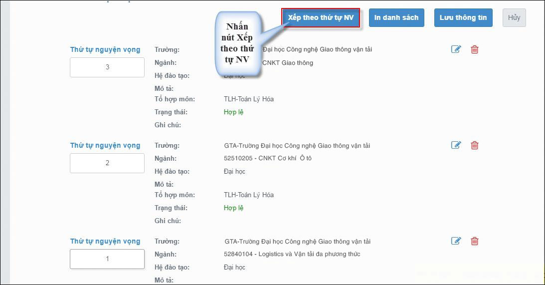 Hướng dẫn thay đổi nguyện vọng online