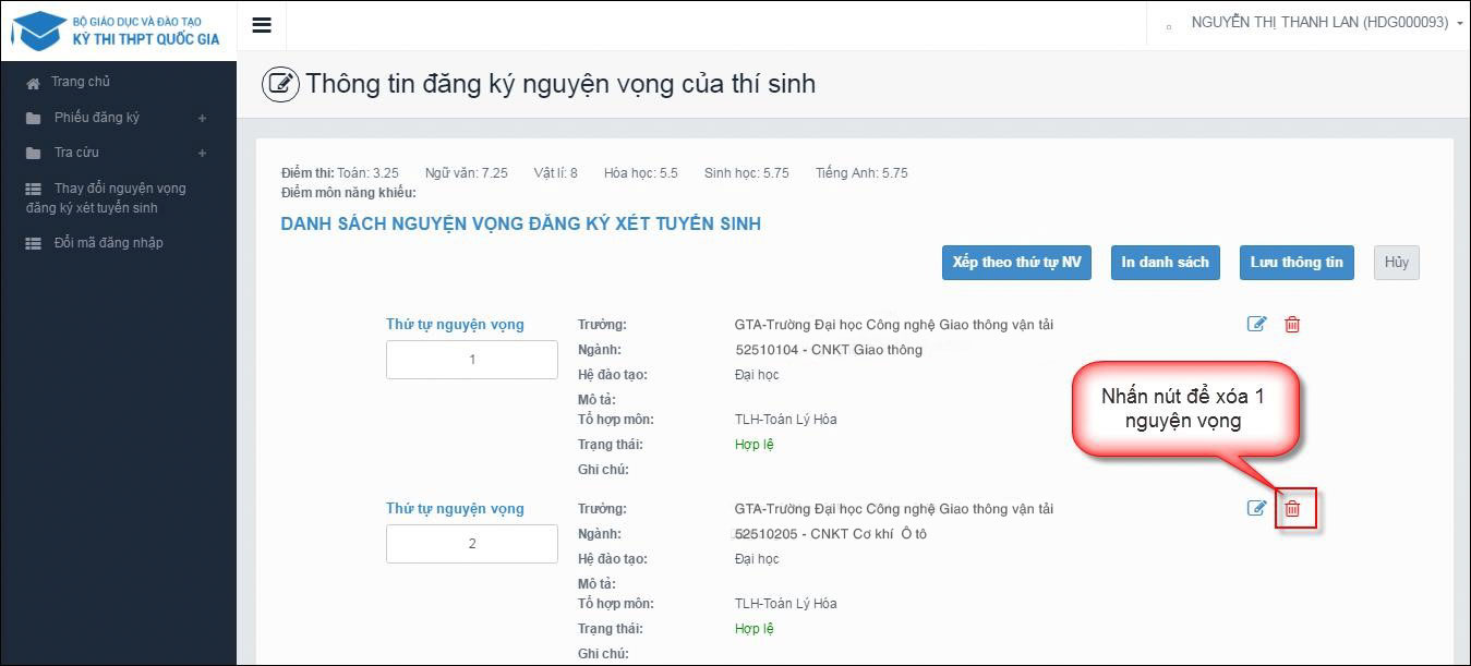 Hướng dẫn thay đổi nguyện vọng online