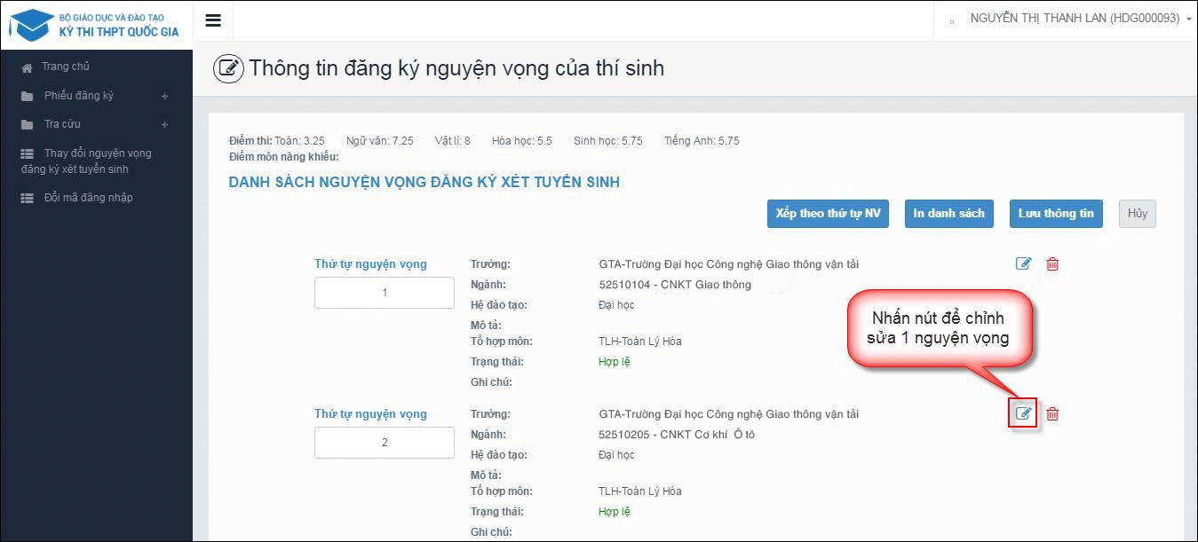 Hướng dẫn thay đổi nguyện vọng online