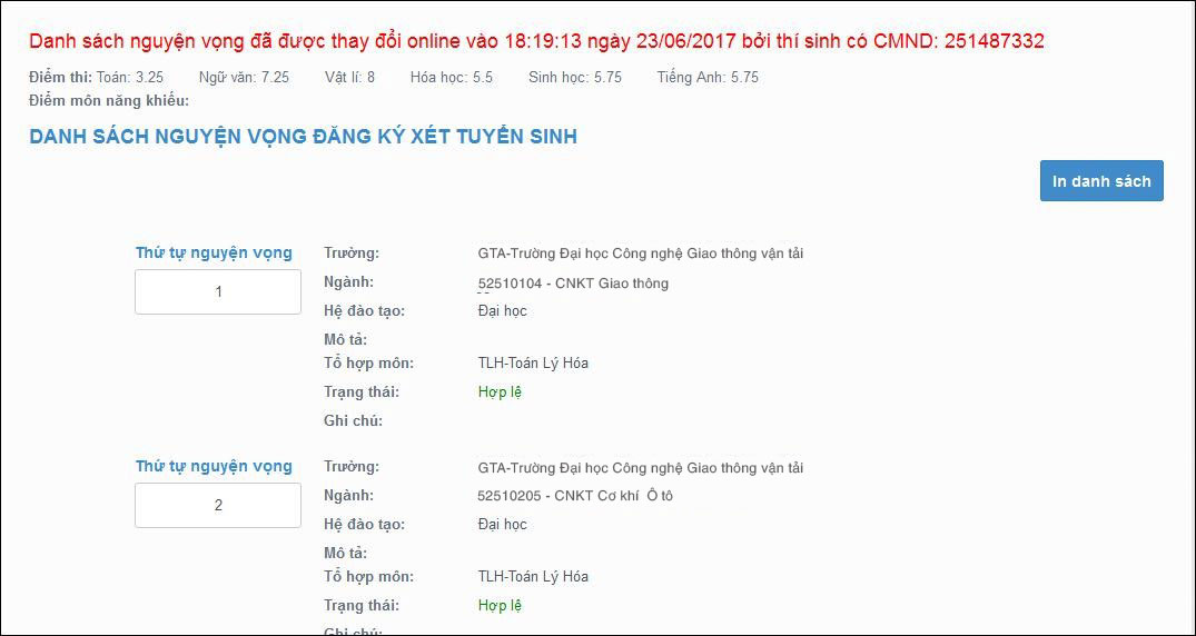 Hướng dẫn thay đổi nguyện vọng online