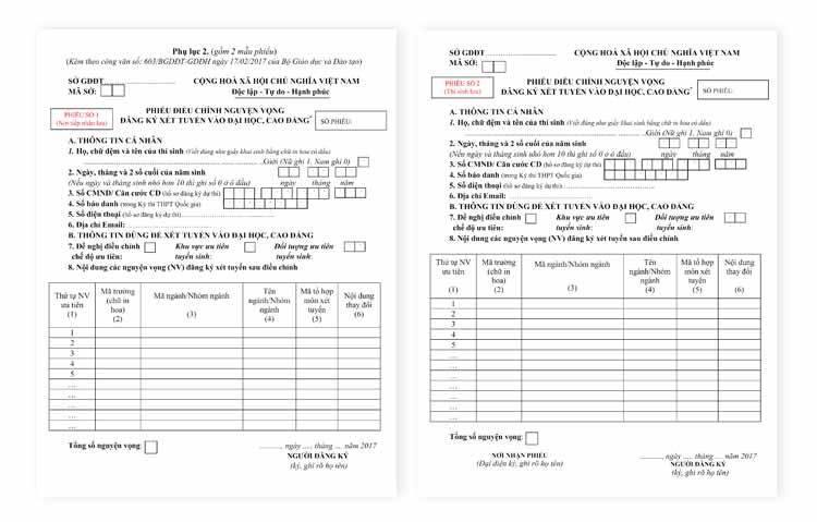 Mẫu phiếu thay đổi Nguyện vọng ĐKXT 2017