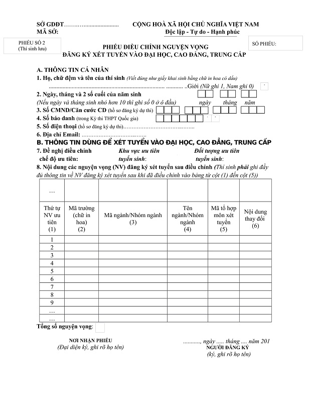 Mẫu phiếu điều chỉnh nguyện vọng ĐKXT 2018