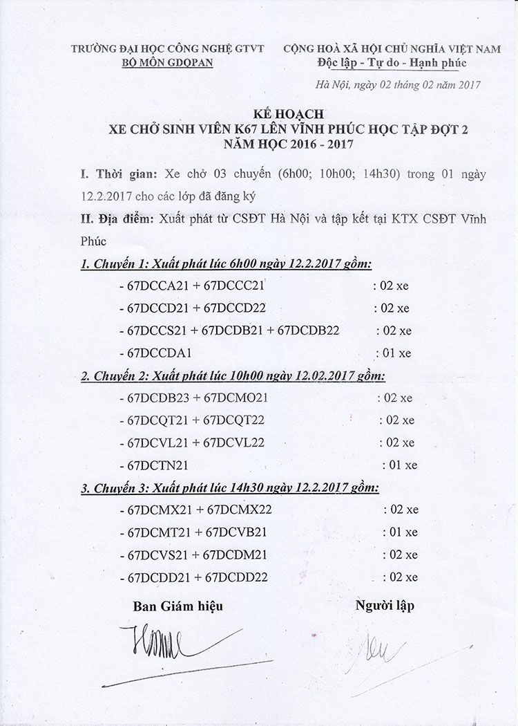 Kế hoạch xe chở sinh viên K67 lên Vĩnh Phúc học tập đợt 2 - Năm học 2016 - 2017
