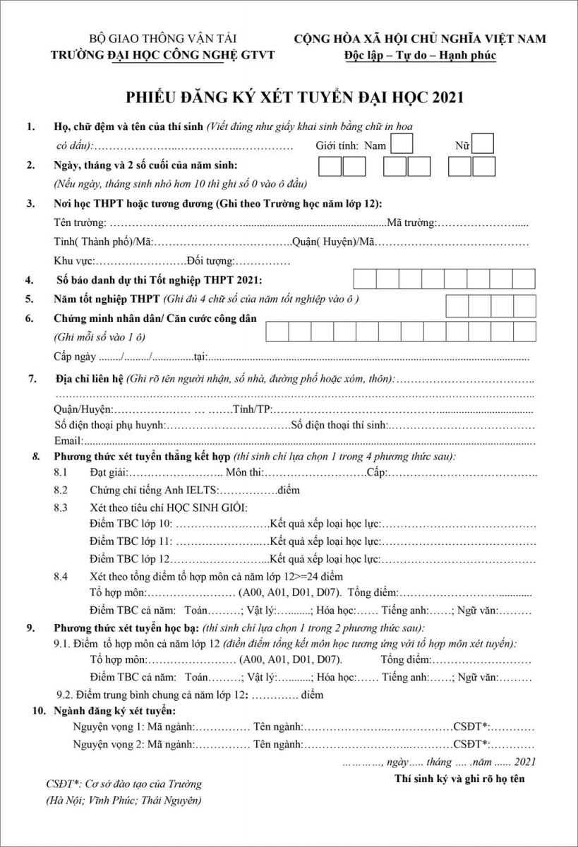 Mãu phiếu đăng ký xét tuyển đại học 2021