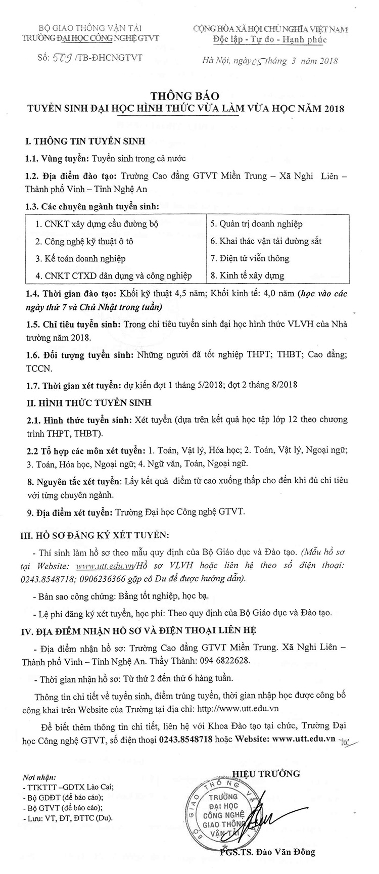 Thông báo tuyển sinh đại học hình thức vừa làm vừa học năm 2018 (đào tạo tại Nghệ An)