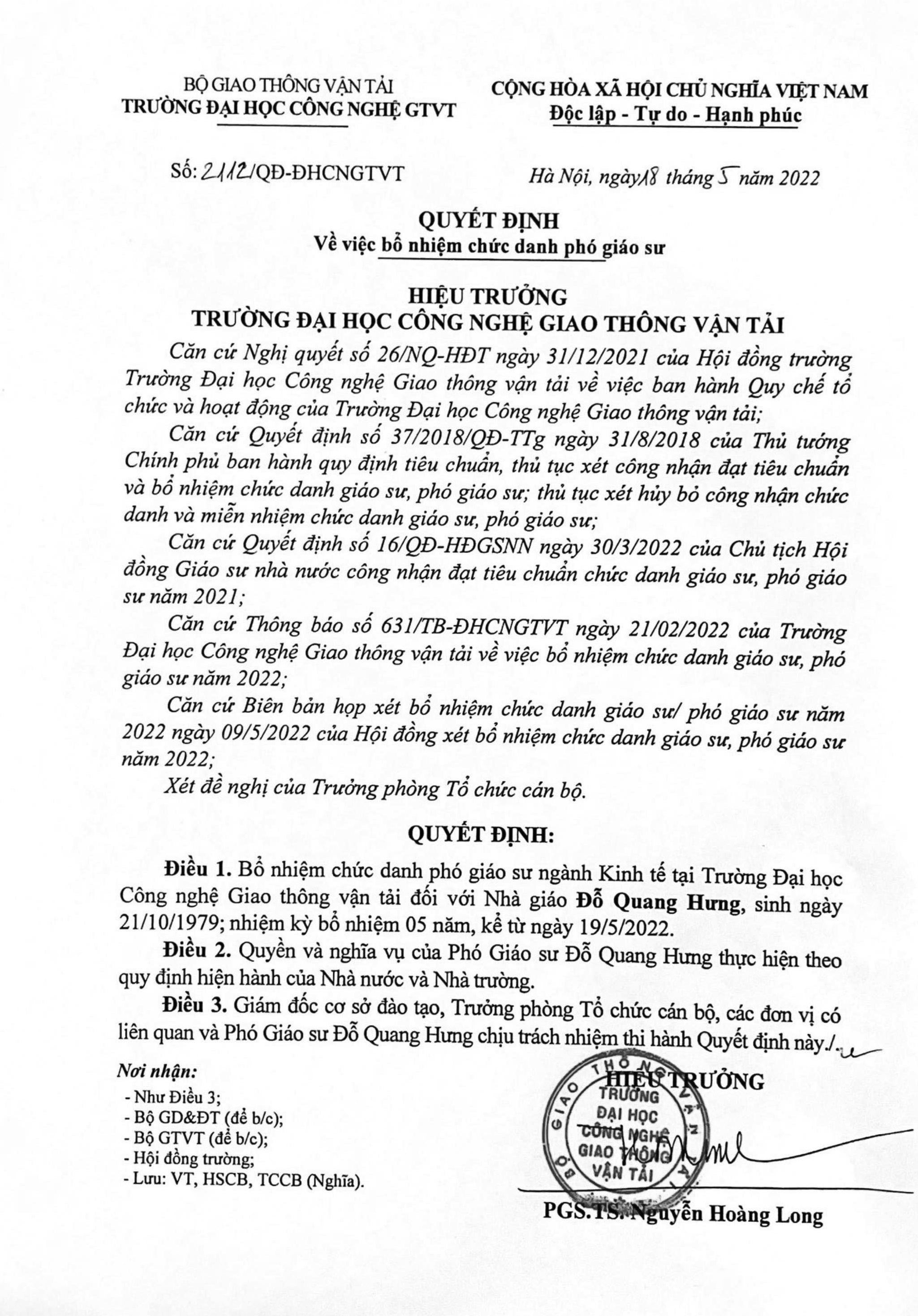 Quyết định về việc bổ nhiệm chức danh phó giáo sư đối với nhà giáo Đỗ Quang Hưng