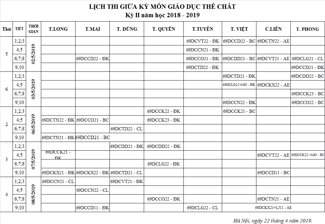 LỊCH THI GIỮA KỲ HỌC KỲ II NĂM HỌC 2018-2019 ( TẠI VĨNH YÊN)