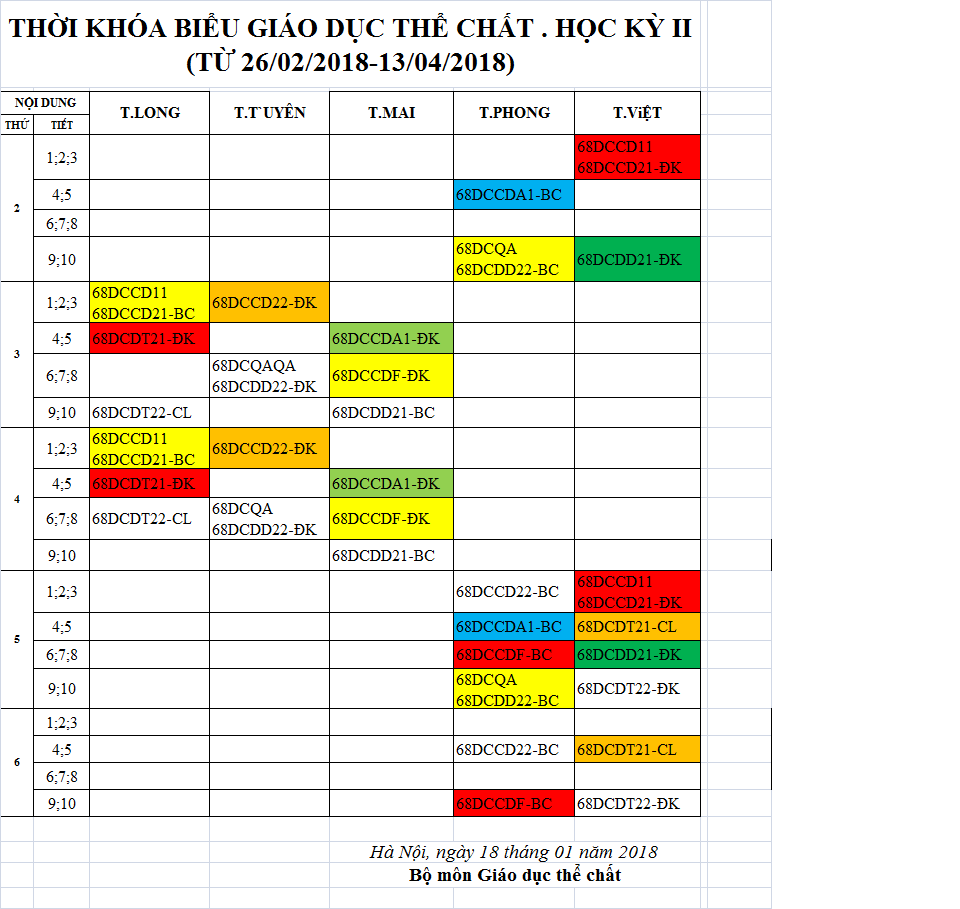 LỊCH HỌC MÔN GDTC KHOÁ 68 KỲ II NĂM HỌC 2017-2018 (ĐỢT 1)