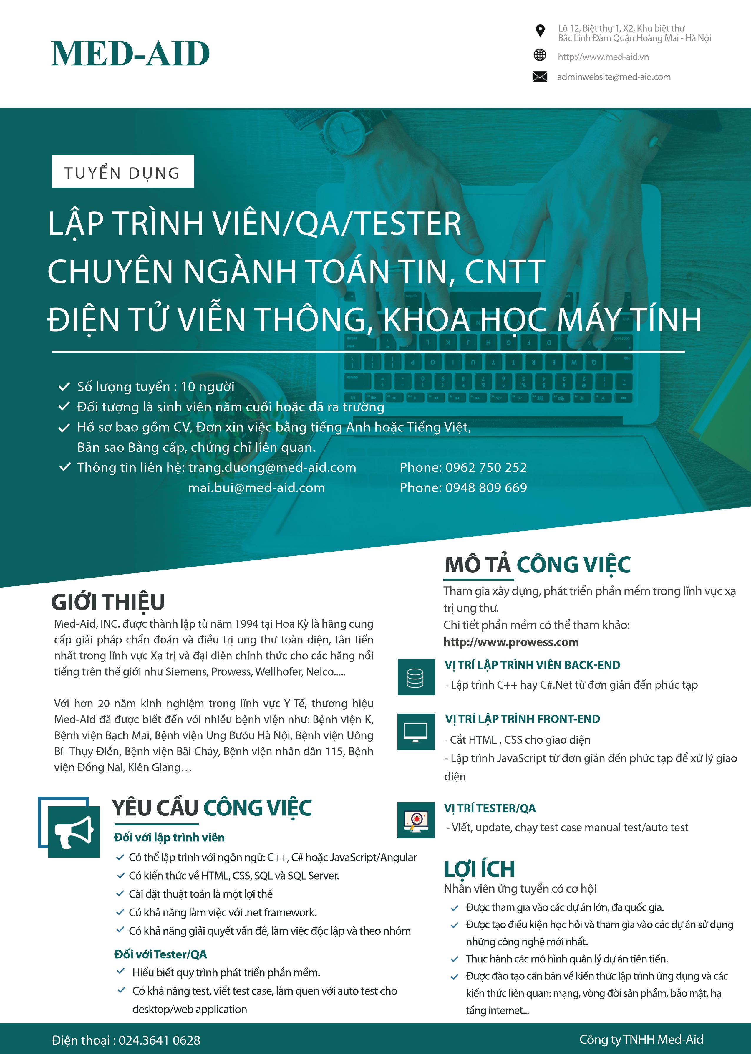 Thông báo Tuyển dụng Lập trình viên,QA - Công ty TNHH Med-Aid