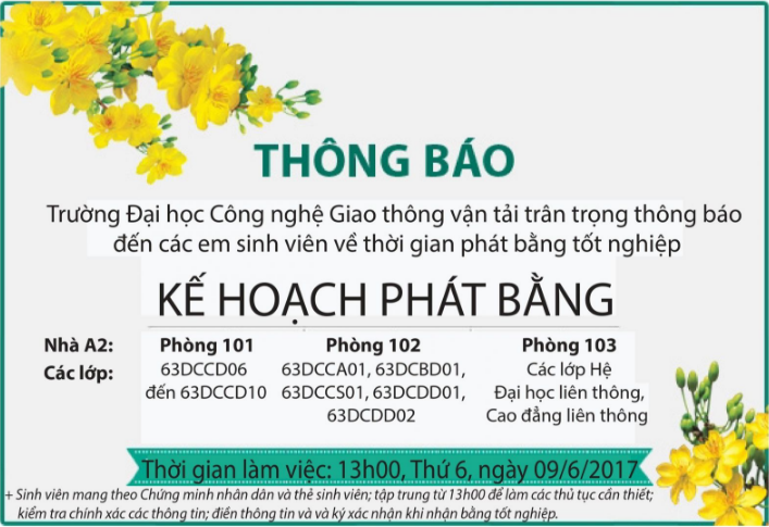 Kế hoạch phát bằng cho sinh viên Đại học chính quy & Đại học liên thông đợt 1 năm 2017