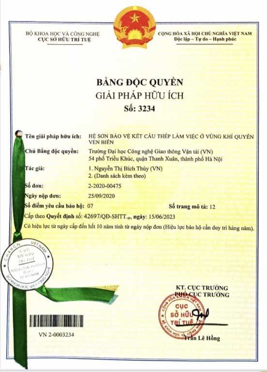 Bằng độc quyền giải pháp hữu ích: Hệ sơn bảo vệ kết cấu thép làm việc ở vùng khí quyển ven biển