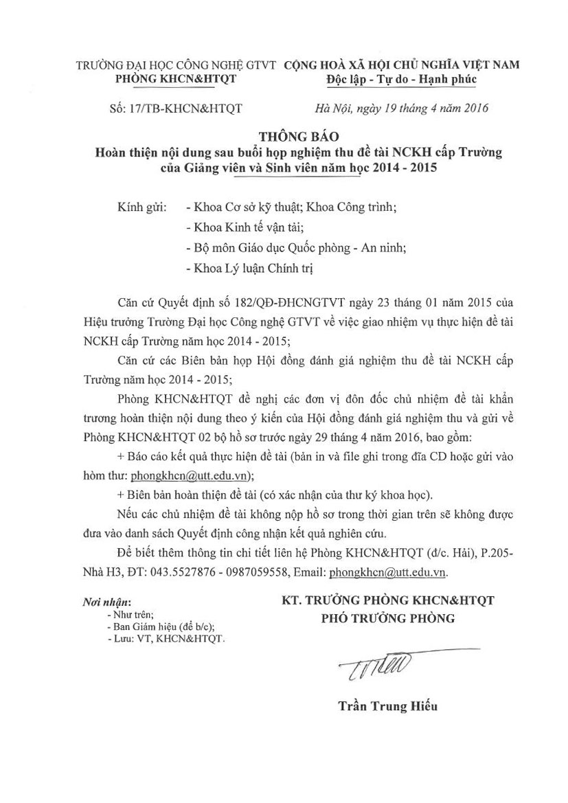 Thông báo hoàn thiện nội dung đề tài cấp Trường của Giảng viên và Sinh viên năm học 2014 - 2015