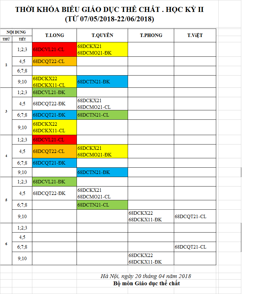 THỜI KHÓA BIỂU MÔN GDTC ĐỢT II. HỌC KỲ II NĂM HỌC 2017-2018