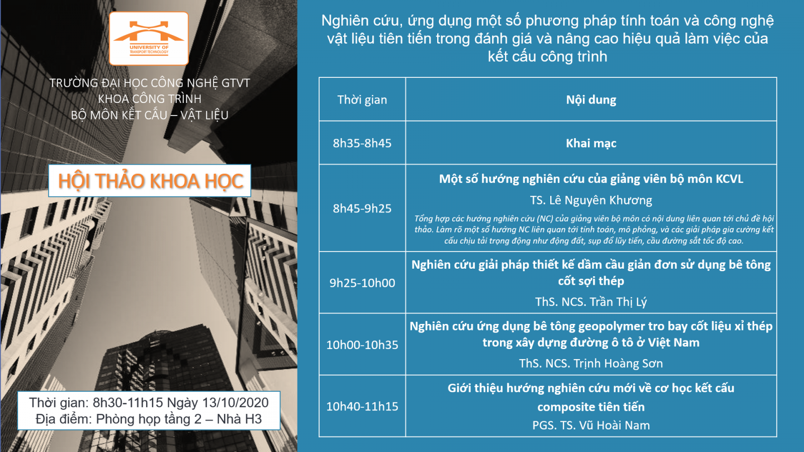 Chuỗi Hội thảo trực tuyến Khoa công trình tháng 9-10 năm 2021