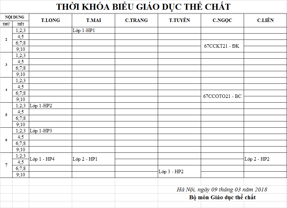 THỜI KHÓA BIỂU HỌC LẠI MÔN GDTC.HỆ ĐẠI HỌC