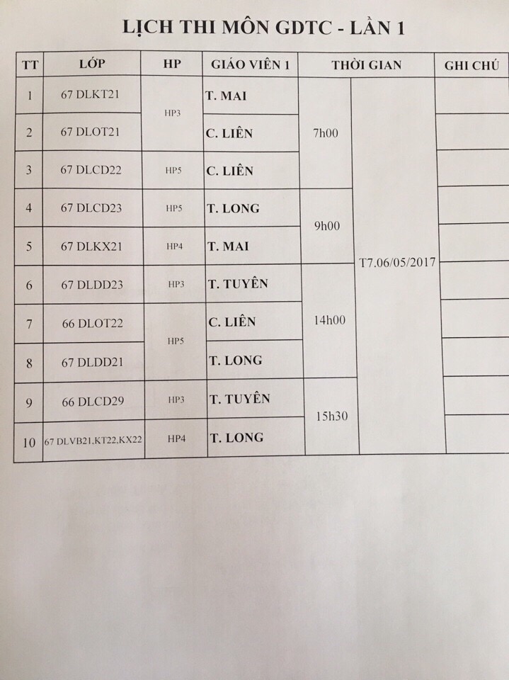 Lịch thi GDTC hệ Liên thông