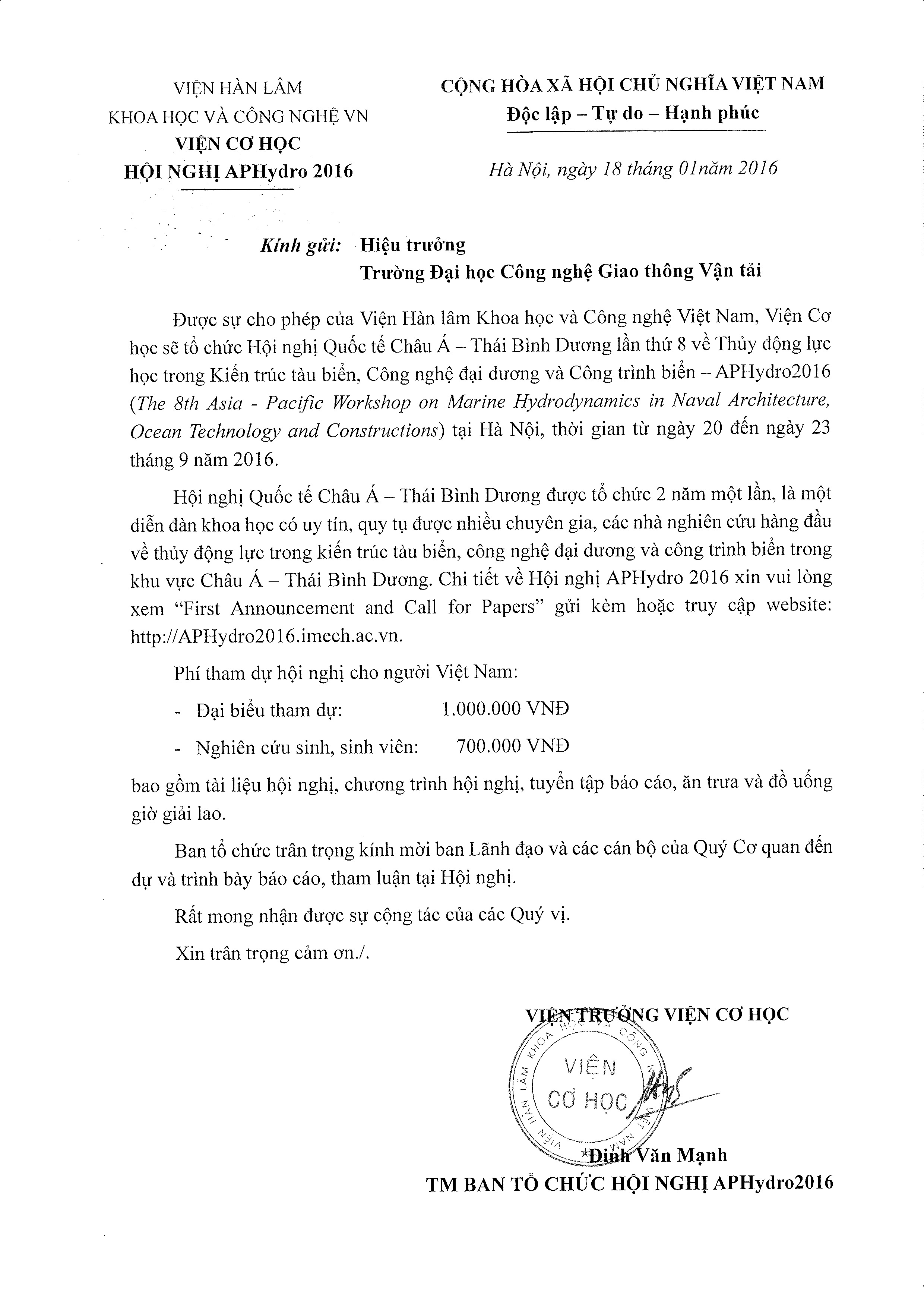 Thư mời dự Hội nghị Quốc tế Châu Á - Thái Bình Dương lần thứ  8  về thủy động lực học trong Kiến trúc tàu biển, Công nghệ đại dương và Công trình biển - APHydro 2016